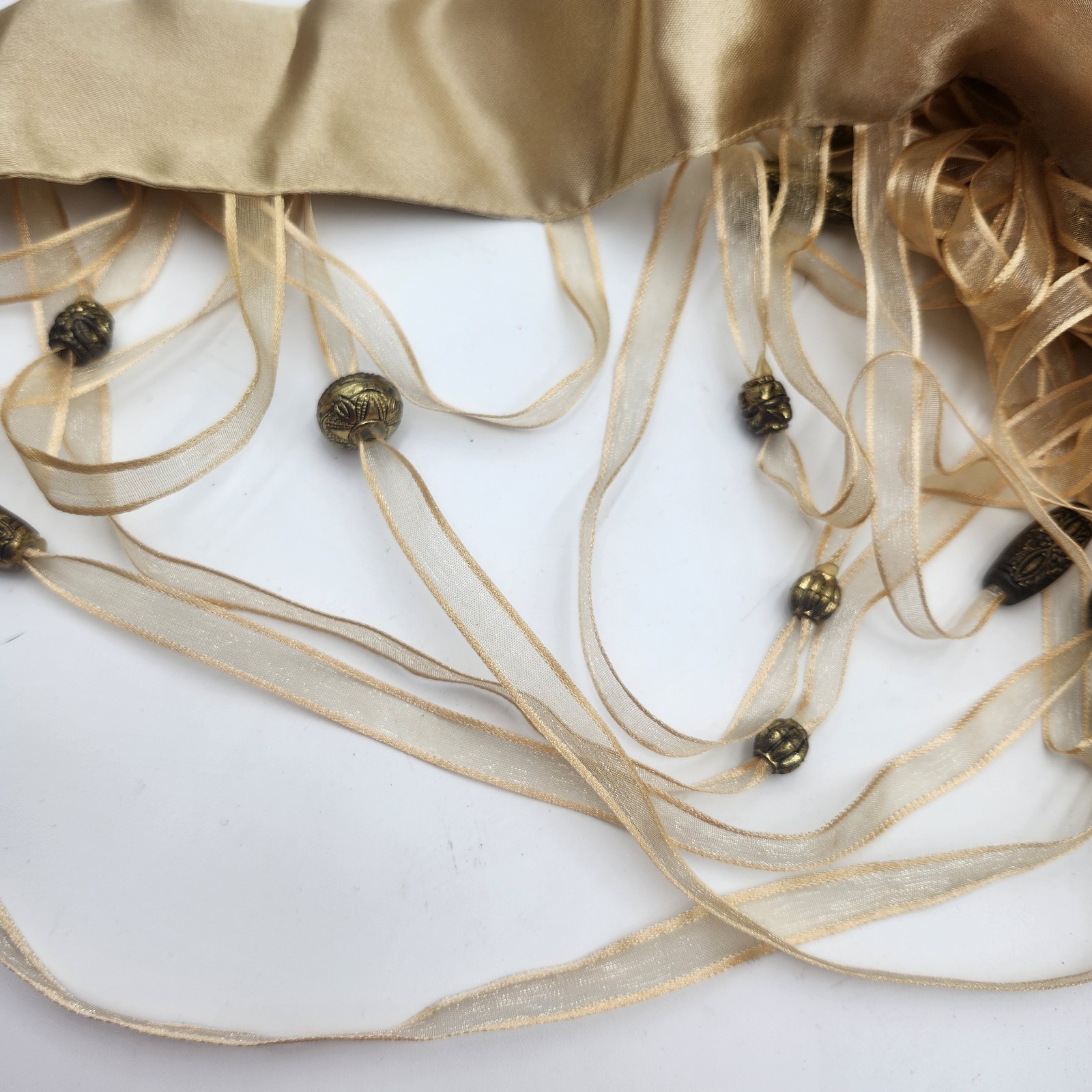 2 Vintage Curtain Beaded sheer panel brass bead ornate 86″ L x 41″