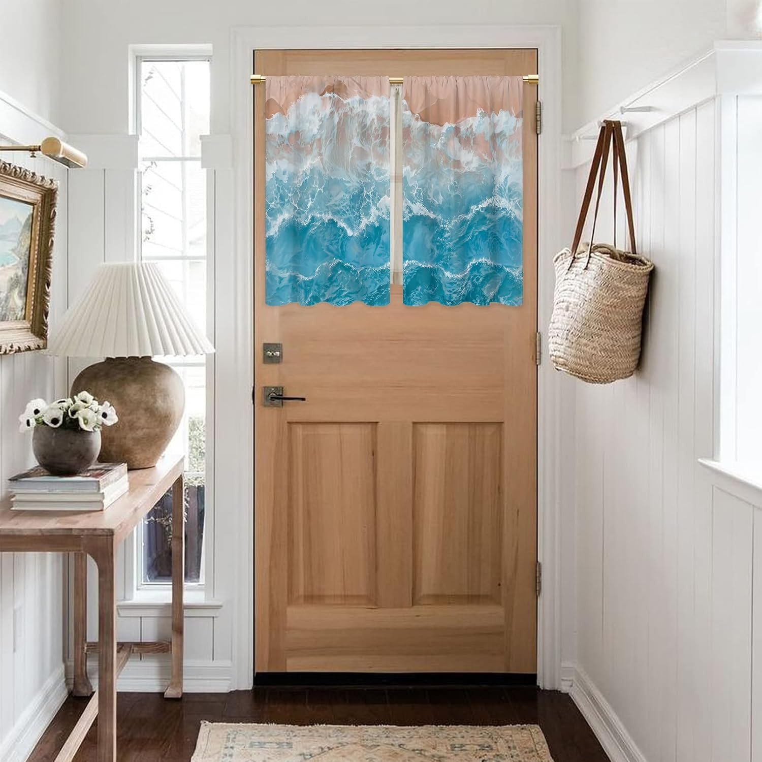Blue Ocean Wave Bathroom Curtains Window Treatment Drapes Tier Sea Coastal Beach