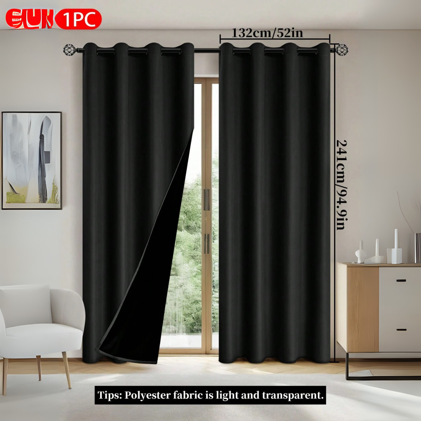 1pc Blackout Curtains Thermal Insulated Window Curtain Panel Living Room Bedroom
