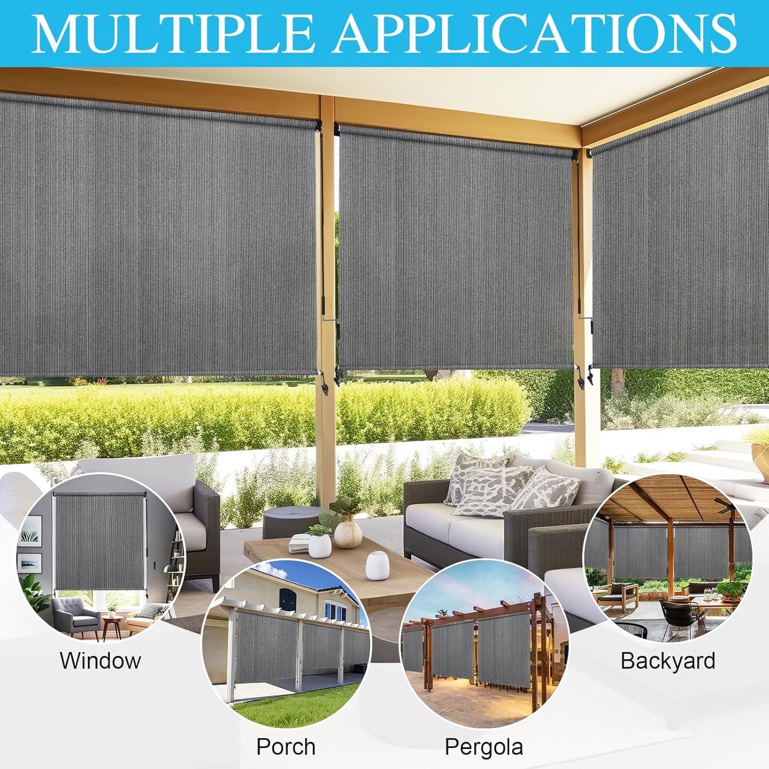Outdoor Roller Shade 8×8 UV Blocking Cordless Patio Blinds Sun Screen