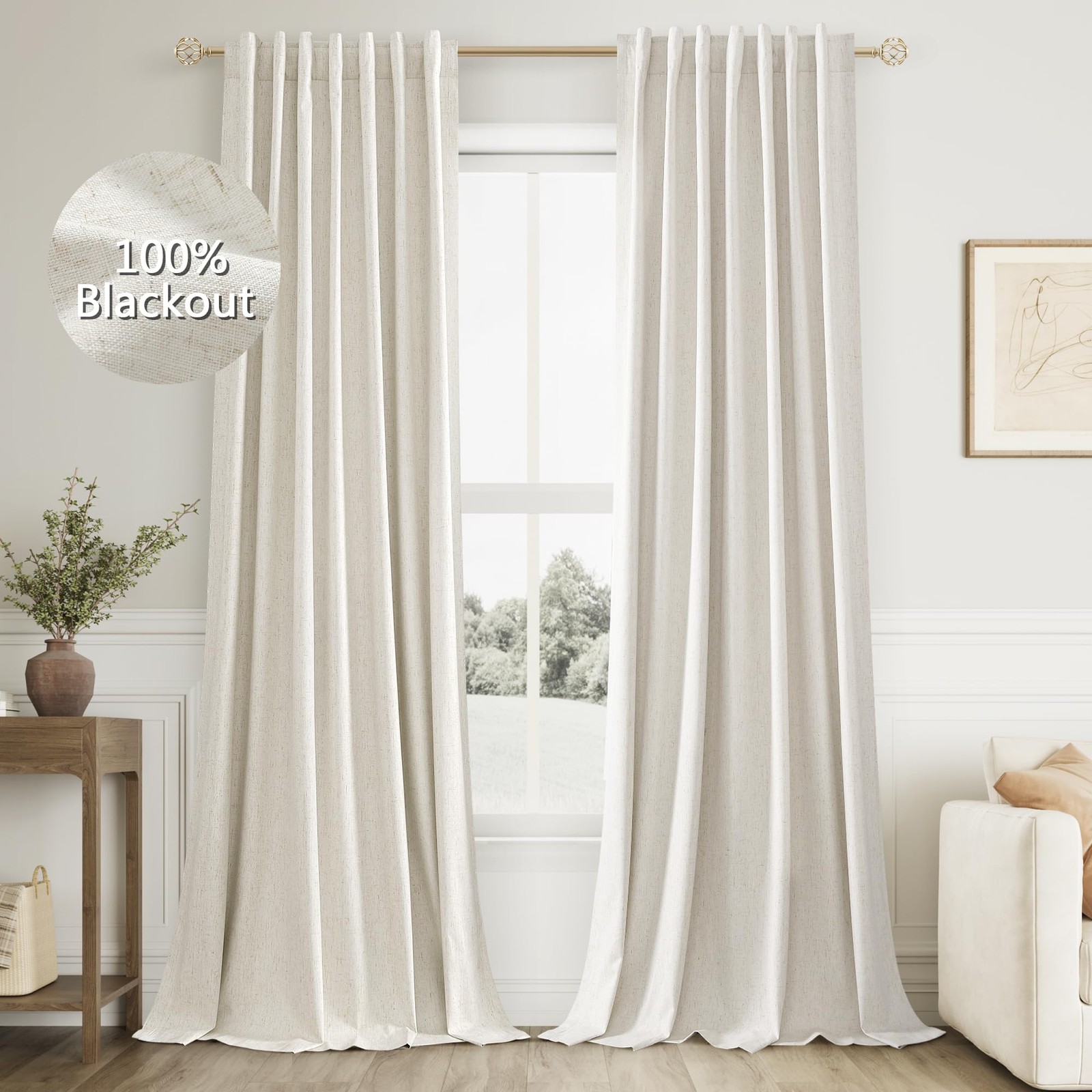 Cream 100% Blackout Linen Curtains 96 Inch Length Ceiling to Floor 2 Panels 8…