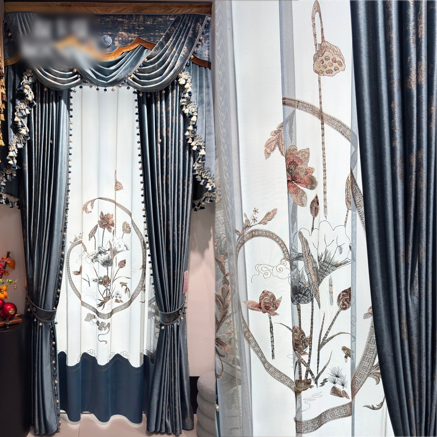 European bronzing embroidery blue flannel valance window curtain tulle M1907