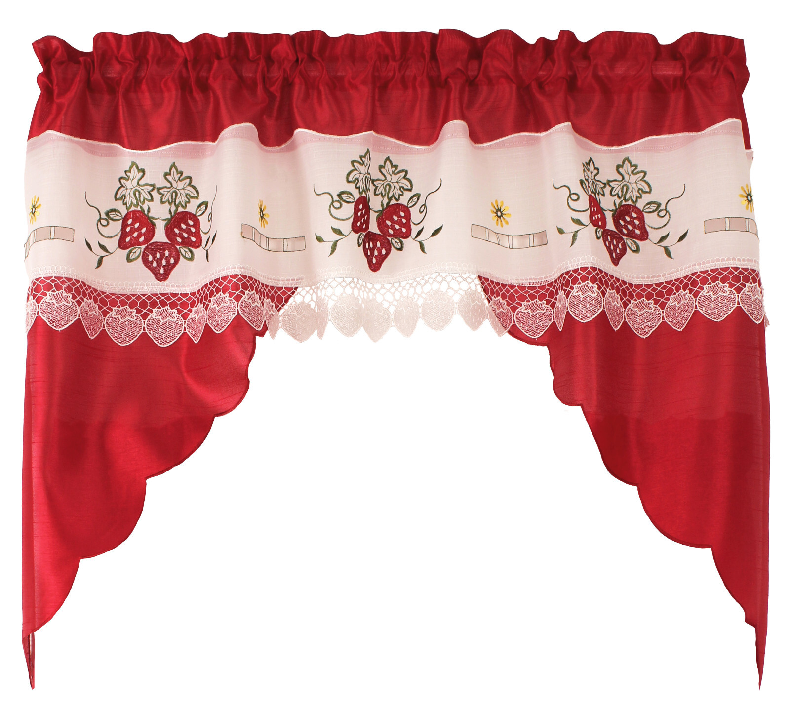 Strawberry Macrame Embroidery Design Kitchen Curtain w Swag and Tier Set 36 inch