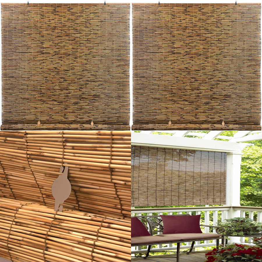 Cordless Roll Up Sun Shade Cocoa Bamboo Blinds Outdoor Home Patio Porch 60X72 in