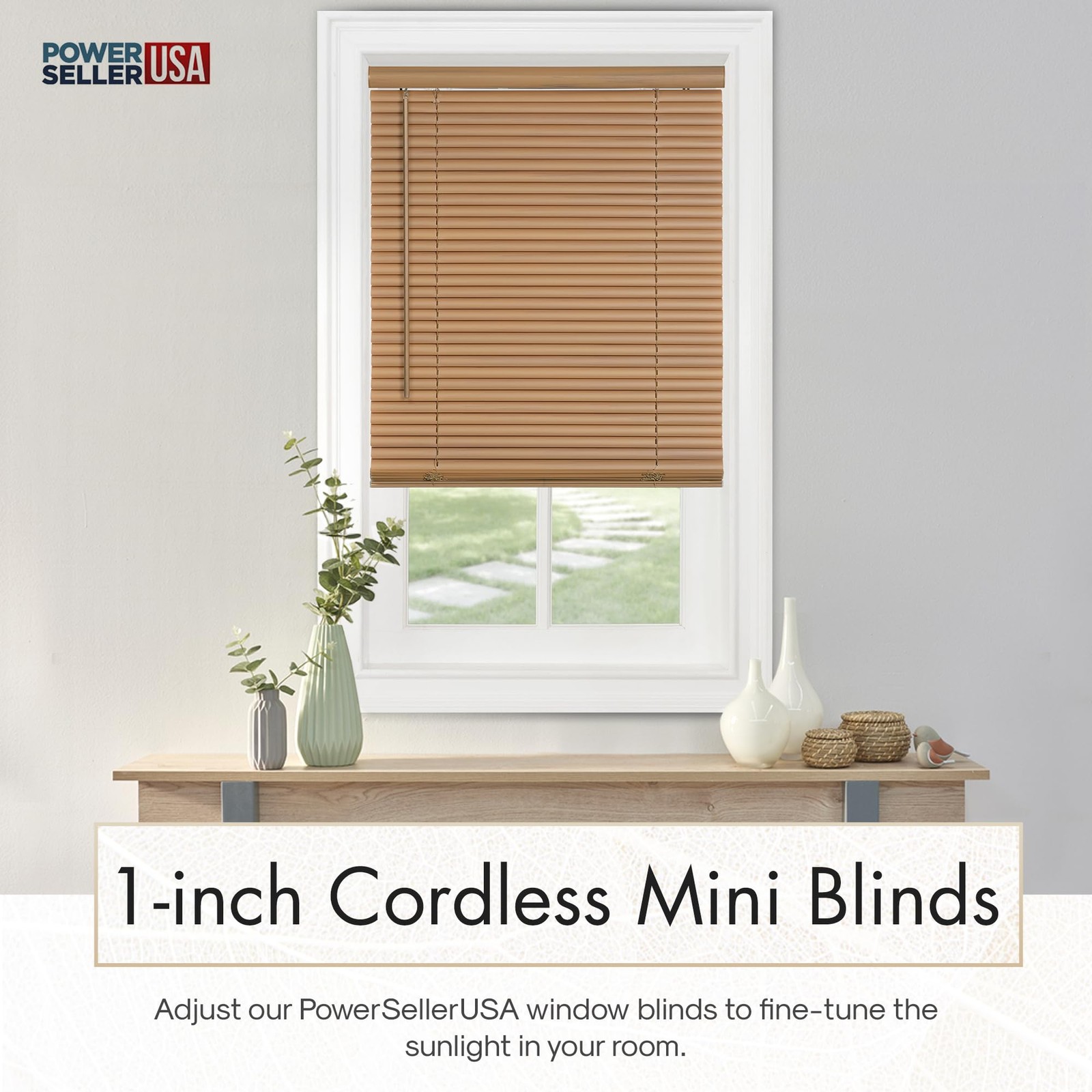 PowerSellerUSA 1″ Slats Cordless Window Blinds, 64L x 35″W x 64″H, Woodtone