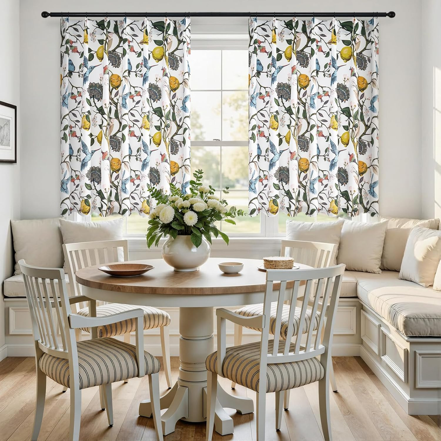 White Kitchen Tier Curtains 36 Inches Long,Botanical Floral Lemon & Hummingbird