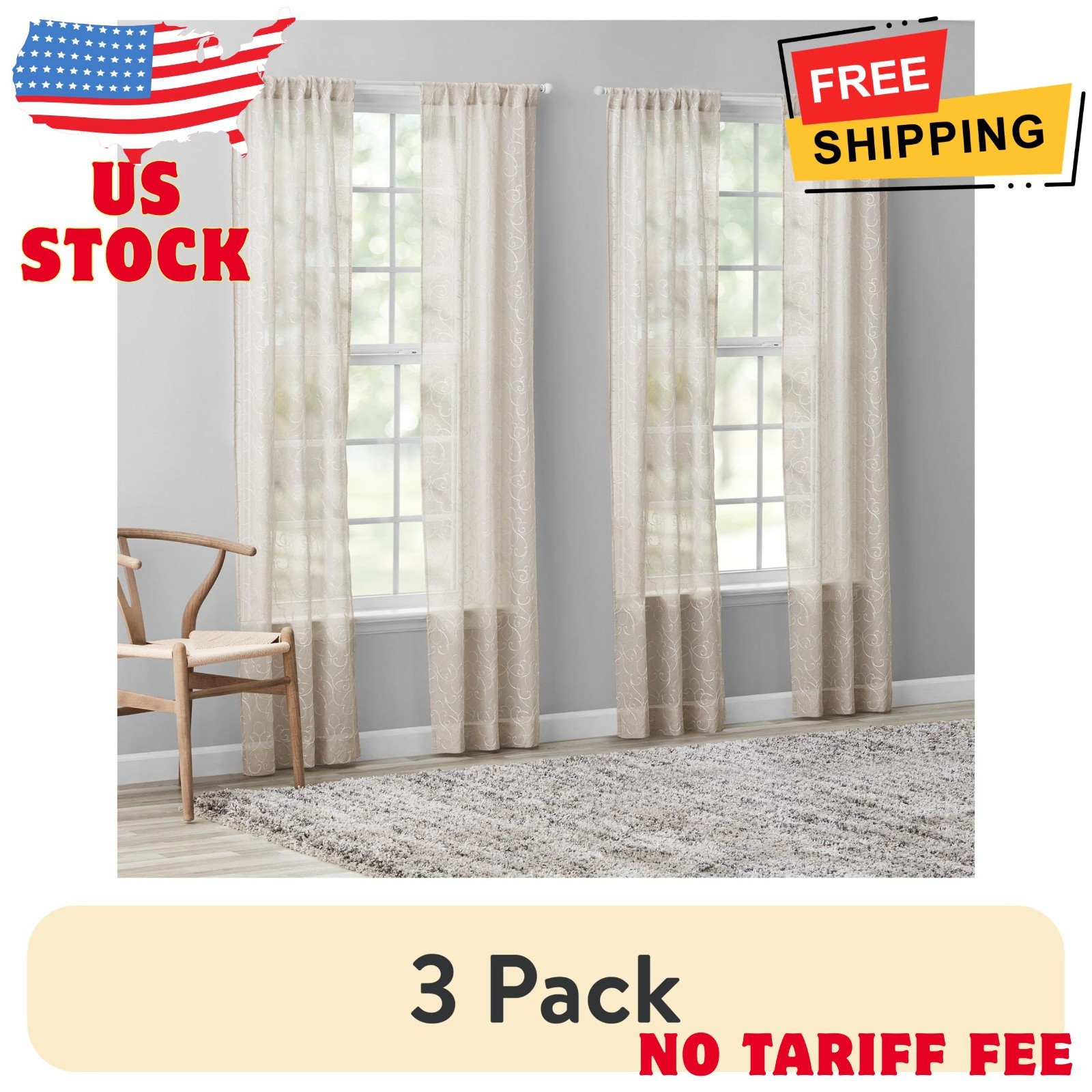 (3 pack) Modern Scroll Rod Pocket Sheer Curtains, Set of 4, Beige, 28″ W x 84″ L