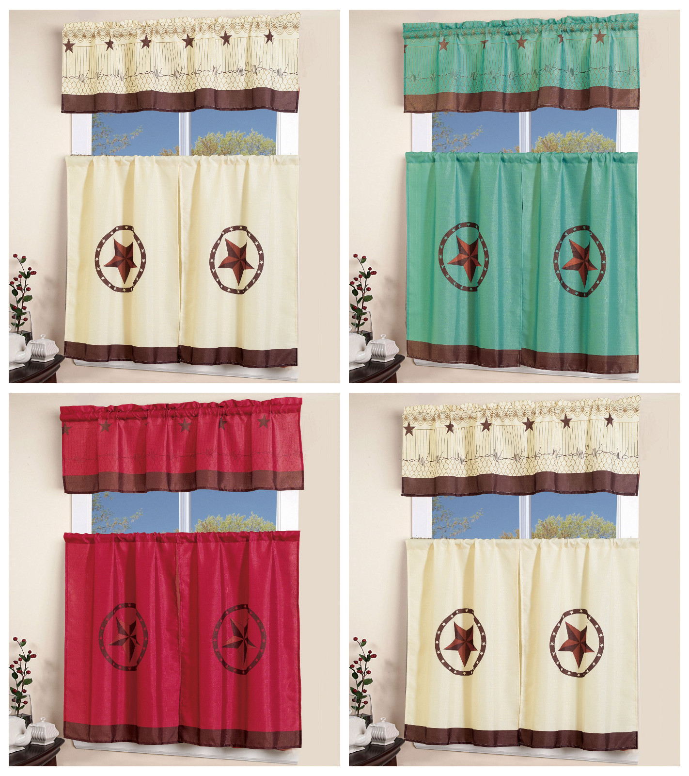 3 pcs Western Texas Star Kitchen Curtain with Swag and Tier Window Curtain Set