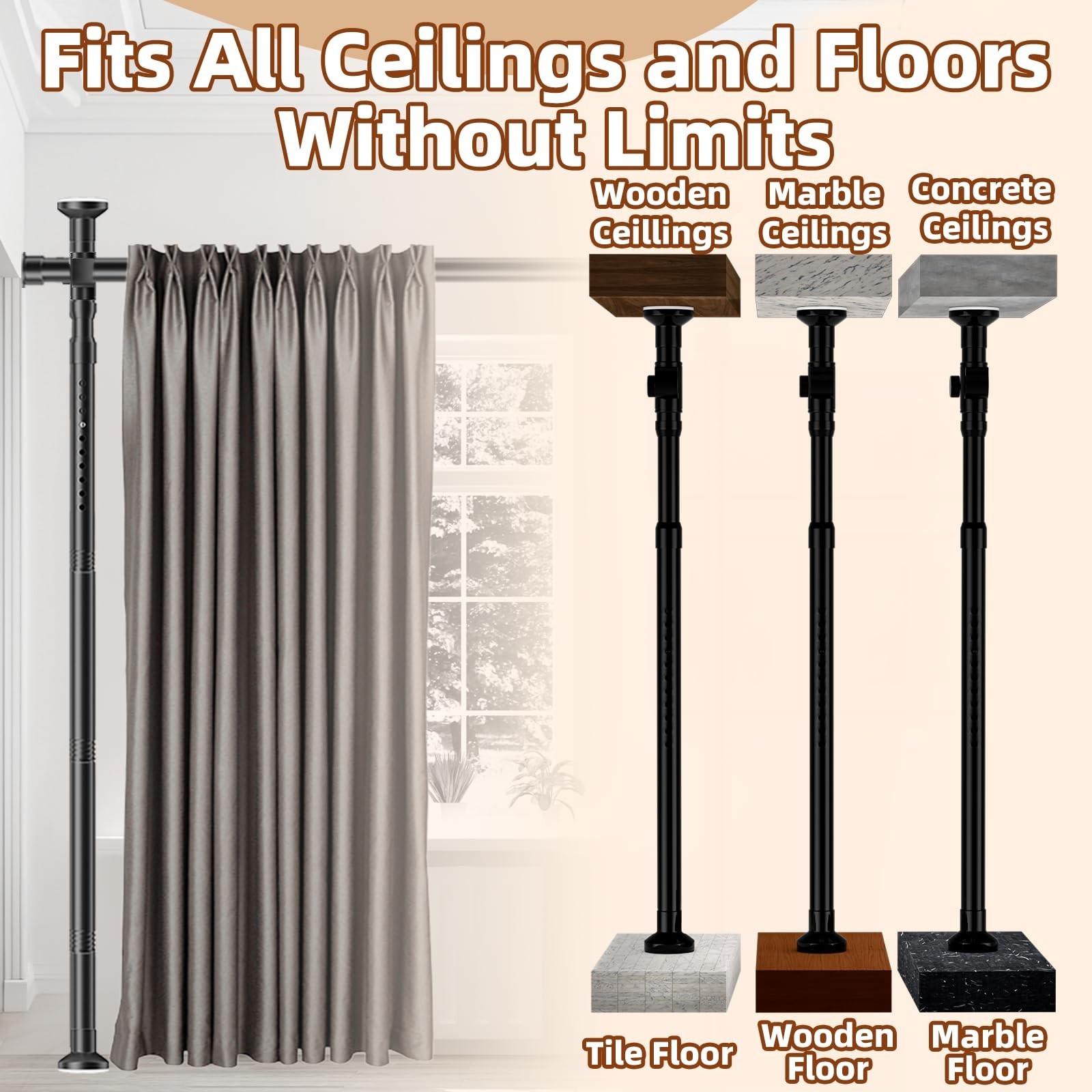 Room Divider, Tension Curtain Rod No Drilling,4-10ft(H) 28-70inch(W) Wall Div…