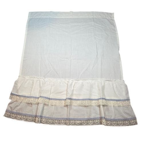 Vintage White Ruffled Cafe Curtains Lace Trim Blue Ribbon Made in USA 36×28 4pc