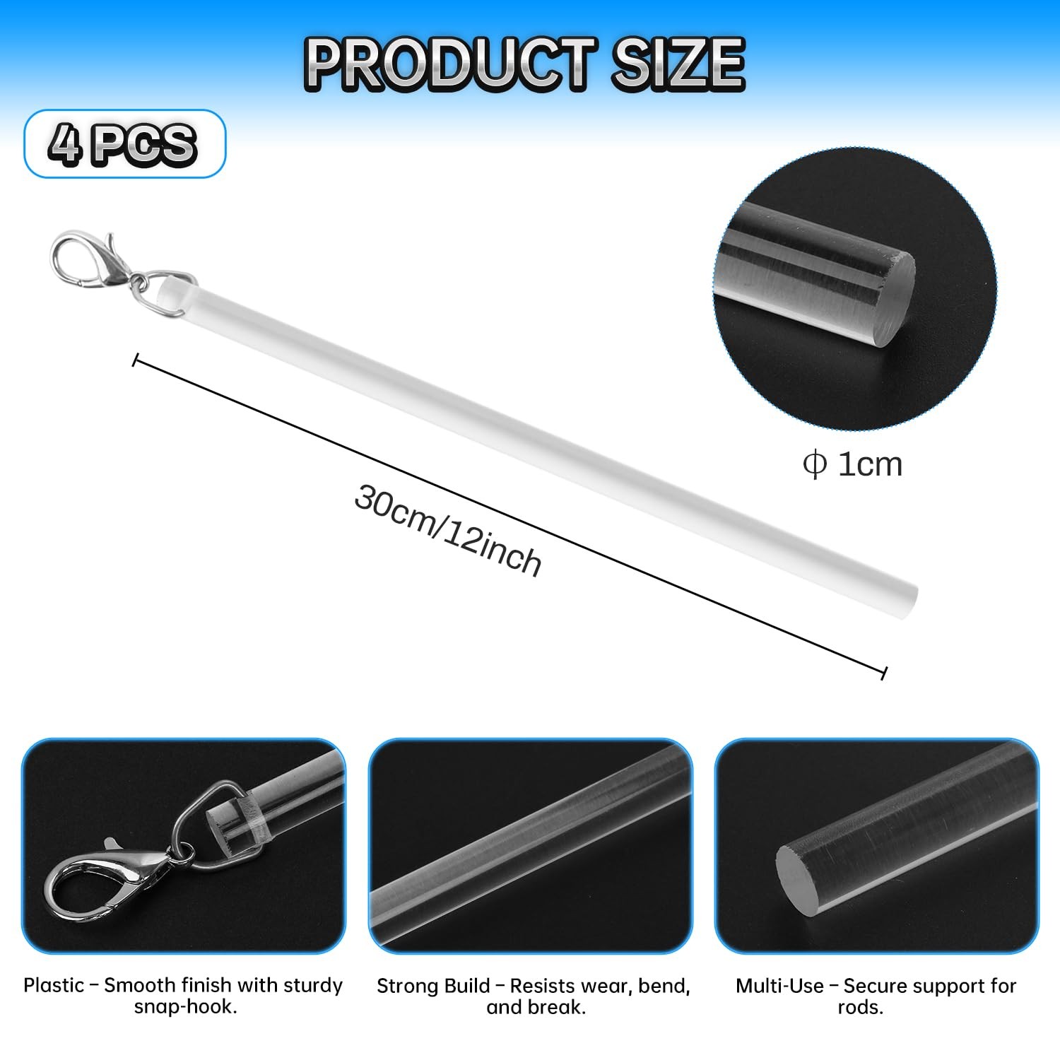 4 Pack 12″ Clear Acrylic Curtain Pull Rod with Hook, 12″-4 Pack,