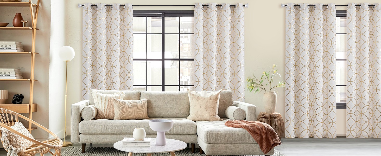 Gold Foil Print Linen Curtains Metallic Moroccan Cream Semi Sheer Curtains for