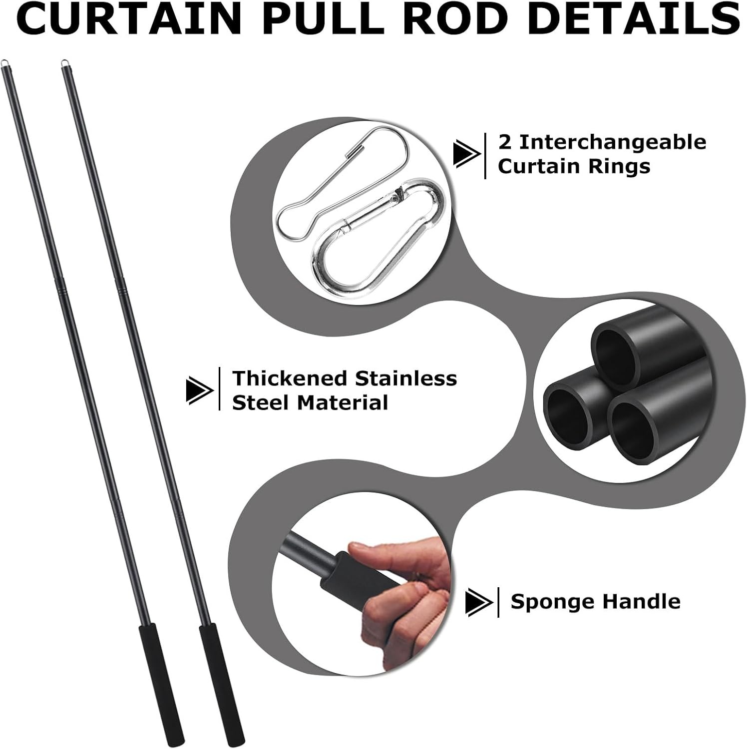 2 Pack Adjustable Curtain Pull Wands 31-46 in Steel Drapery Rods Black