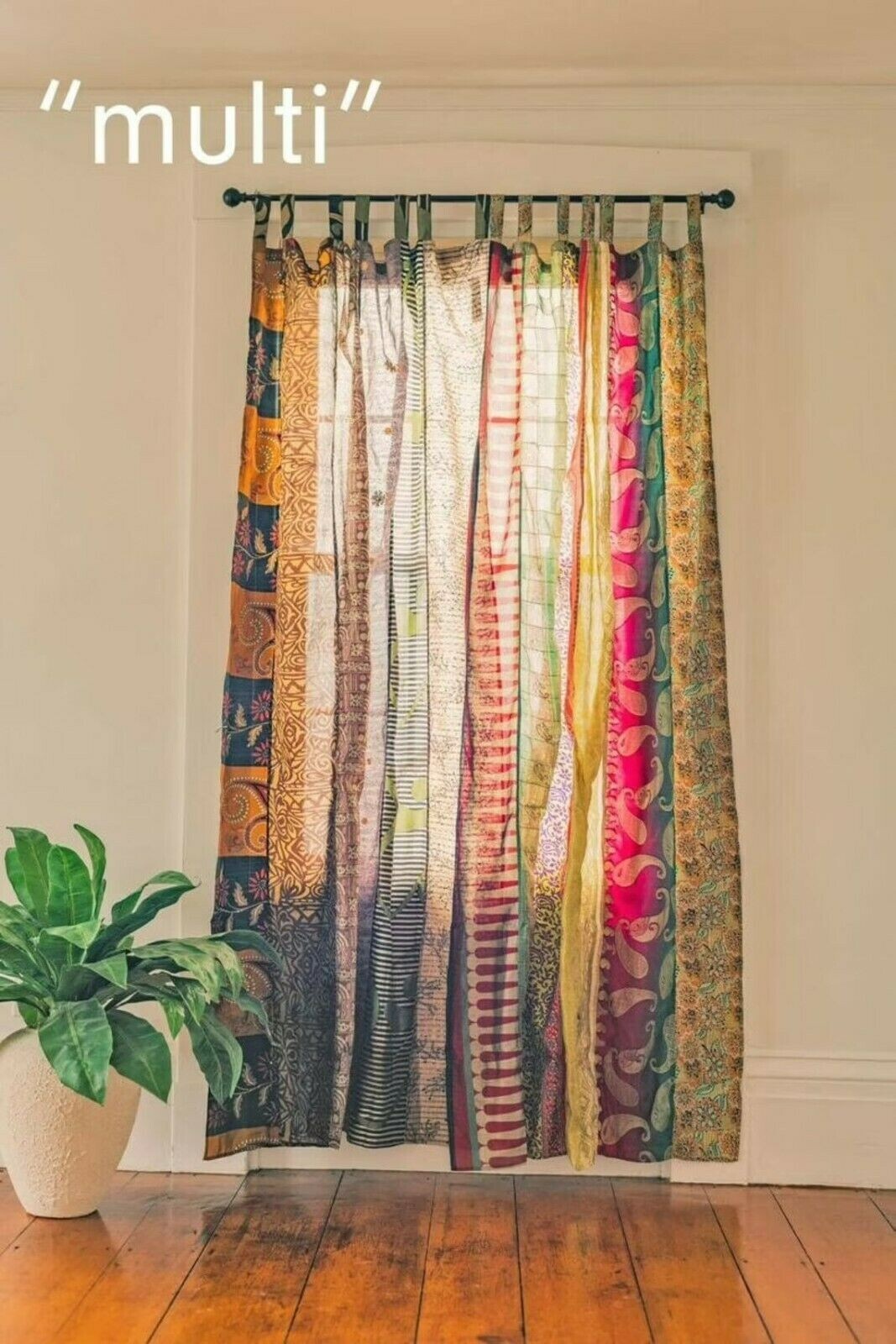 Indian Vintage Sari Patchwork Curtain Drape Window Decor Silk Multi Curtain