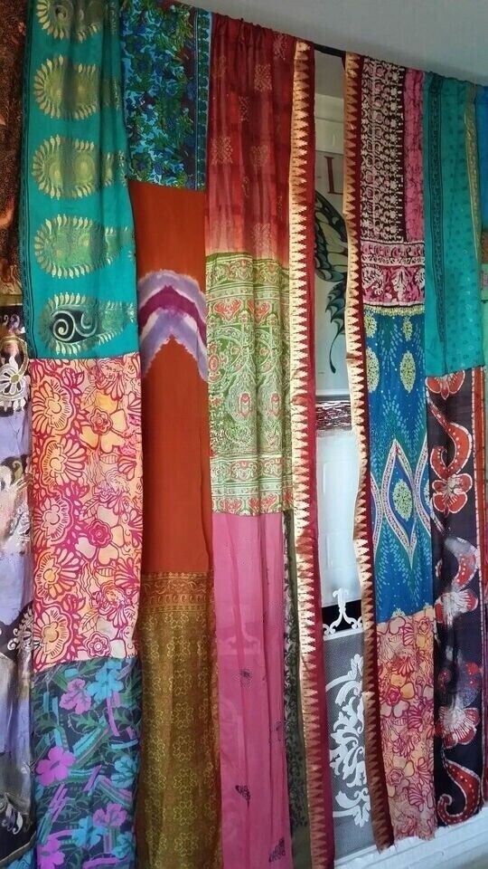 2Pc Indian Sari Patchwork Curtain Drape Window Decor Multi Silk Sari Curtain