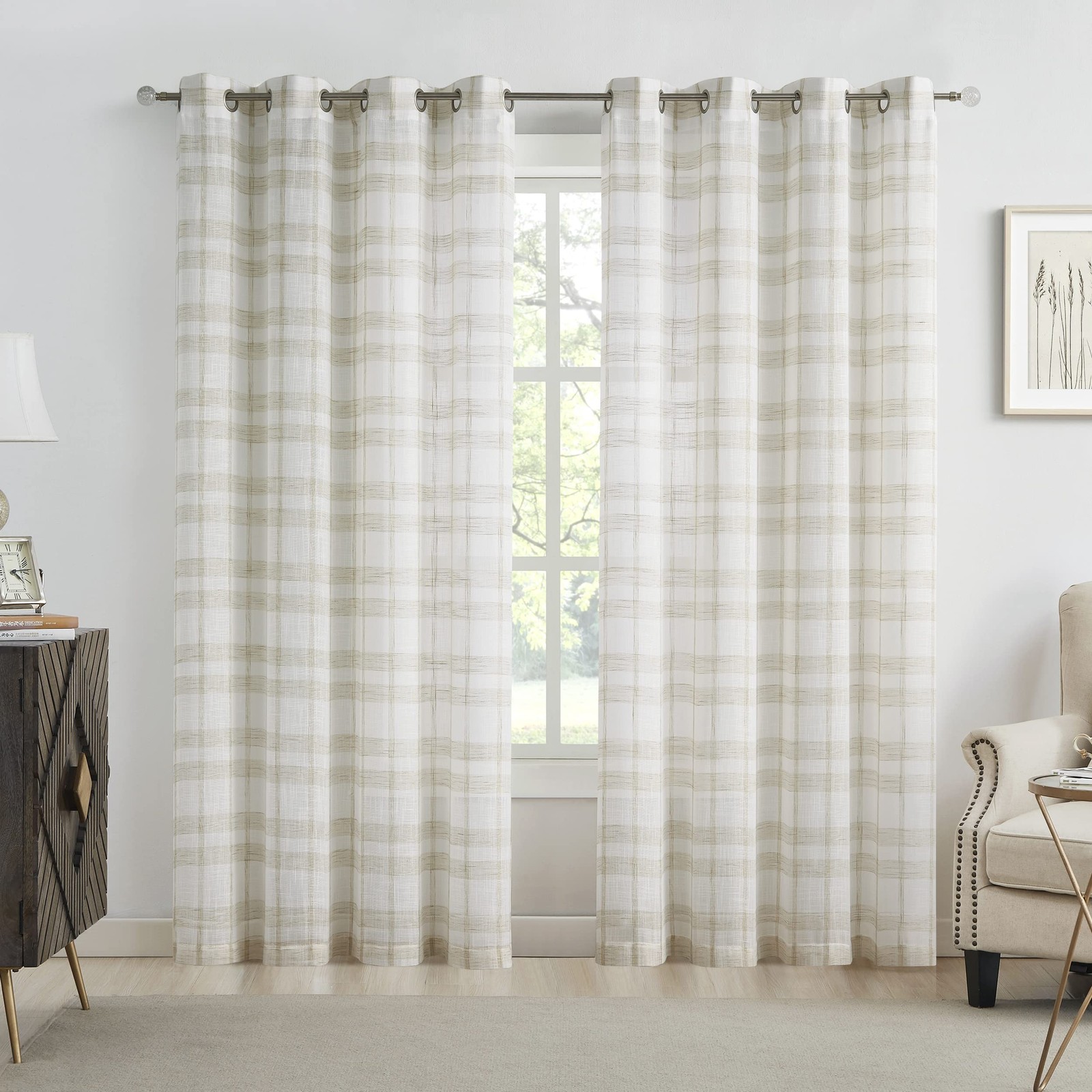 Tan and White Buffalo Plaid Curtains 84 Inch Long Farmhouse Gingham Checkered