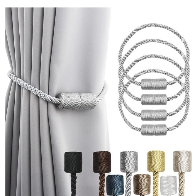 These are Porlau brand magnetic curtain tiebacks in a light grey or white color.