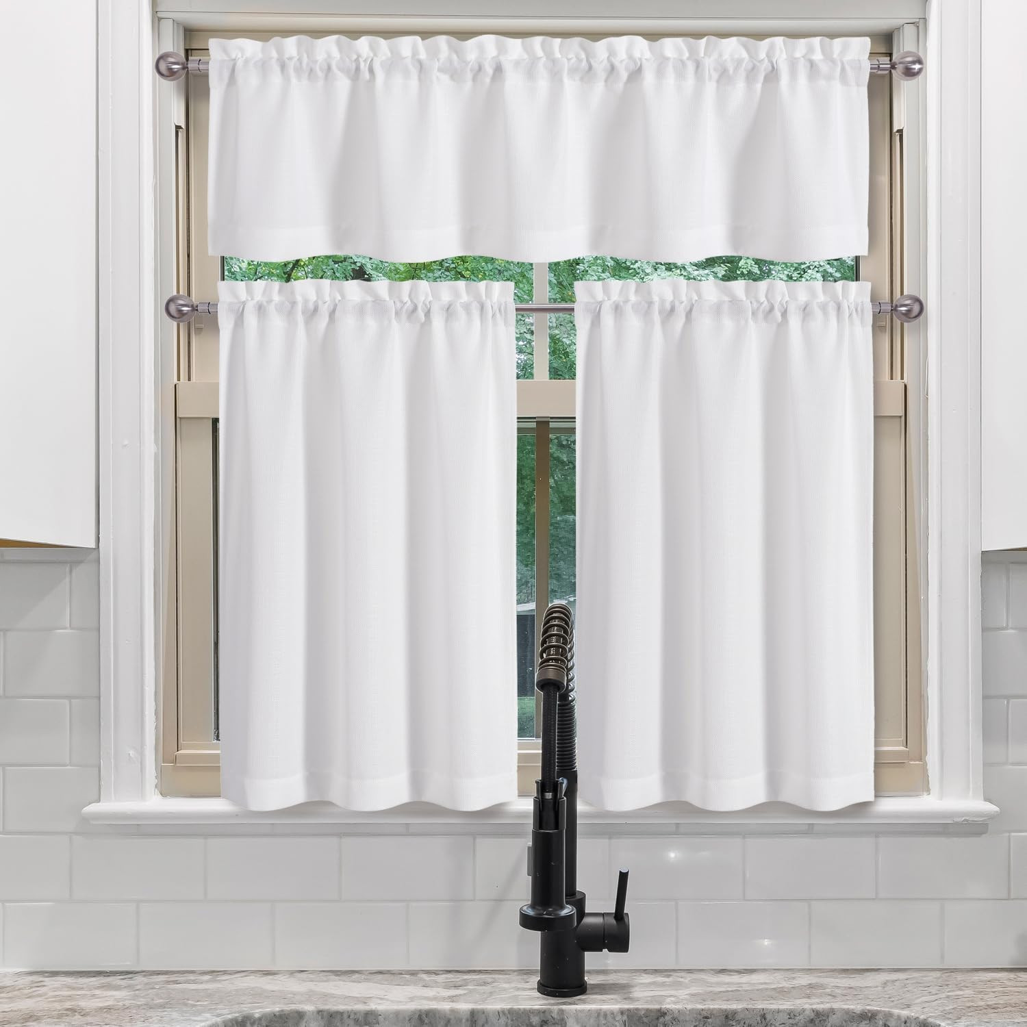 White Valance for Windows, Light Filtering Faux Linen Textured Semi Sheer Small