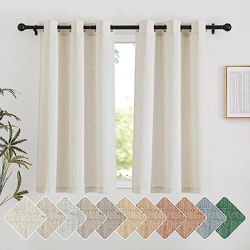 Short Linen Cafe Curtains for Kitchen, Thick 42″W x 48″L (Pack of 2) Natural