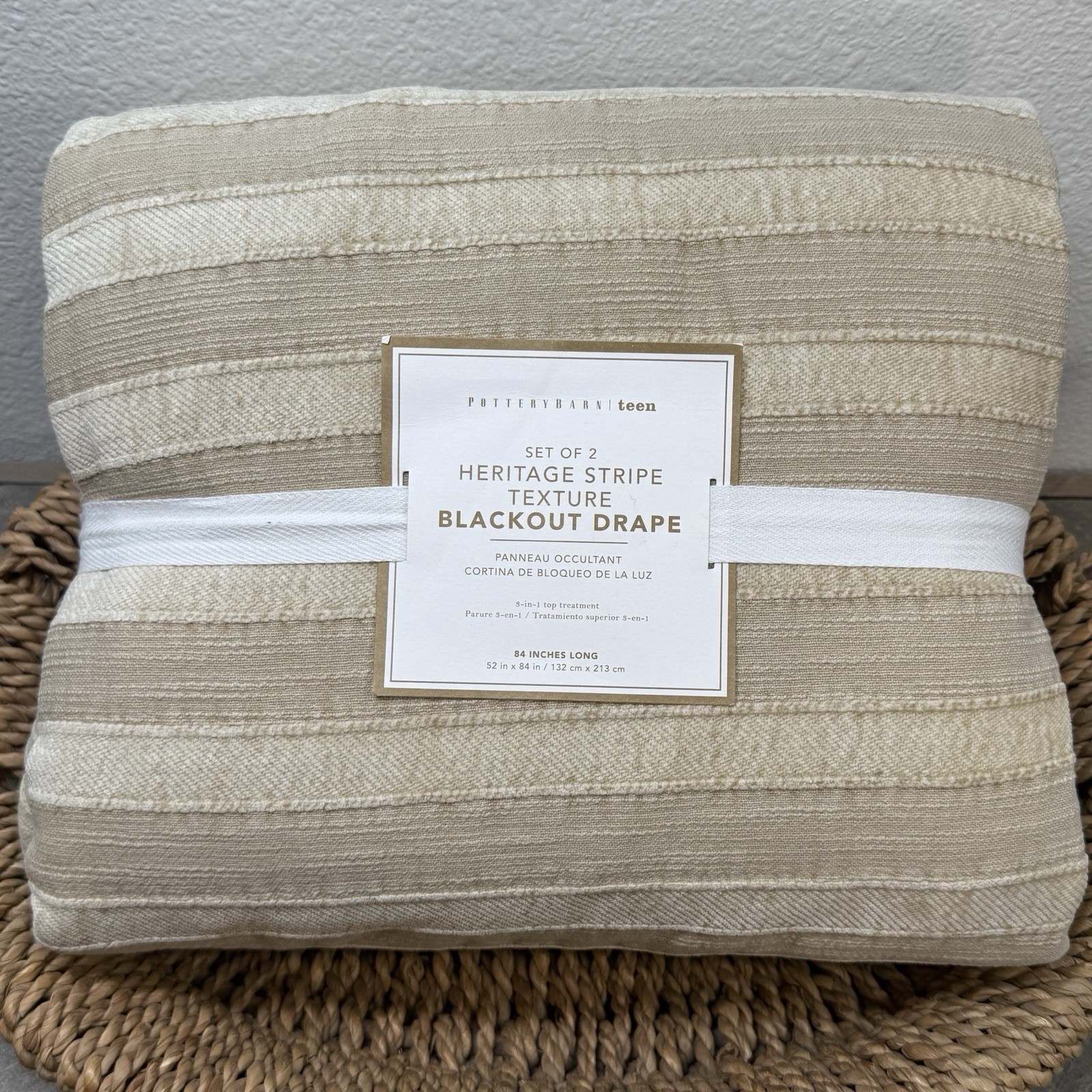POTTERY BARN TEEN HERITAGE STRIPE TEXTURED BLACKOUT CURTAINS 2 LATTE BEIGE 52×84