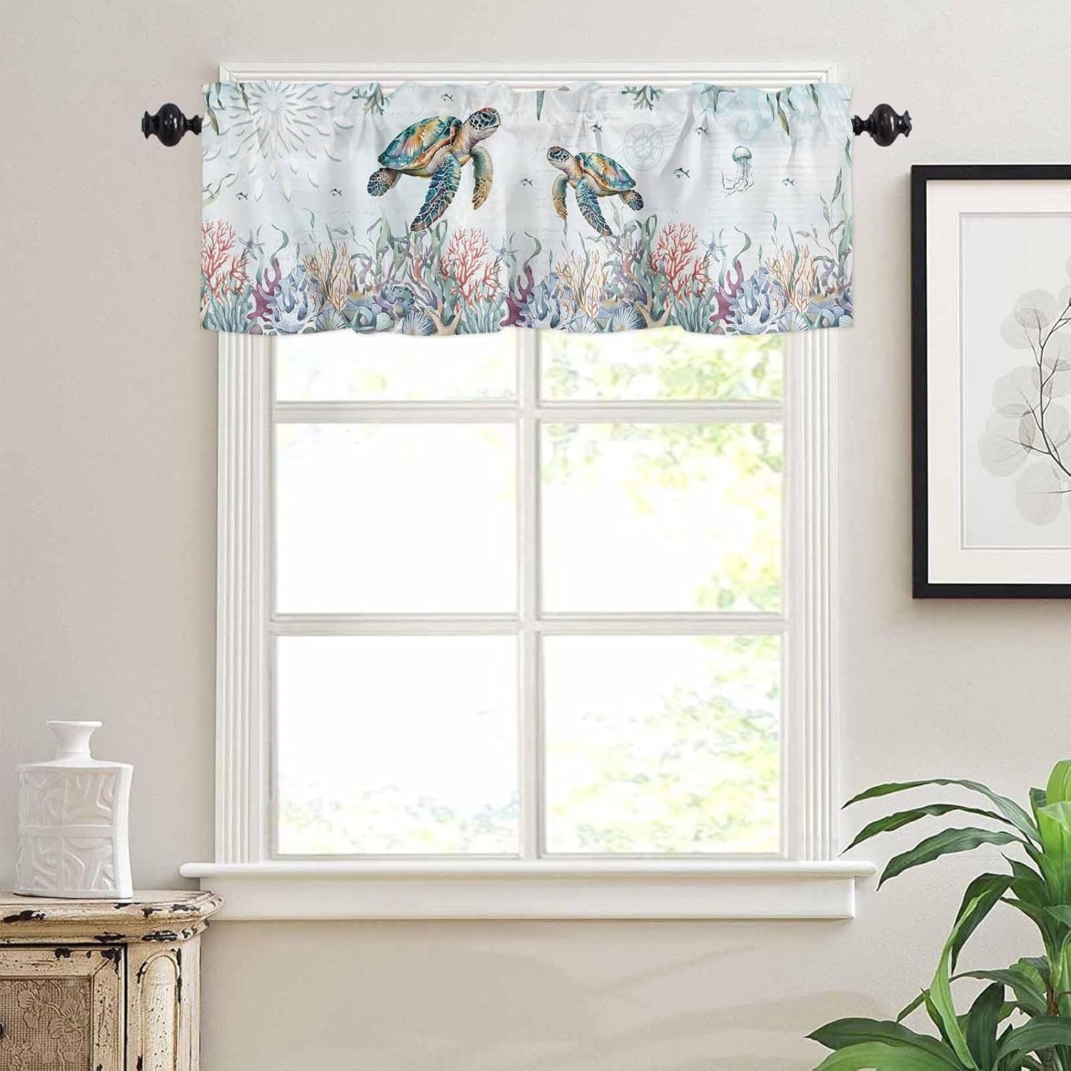 Teal Blue Turtle Coastal Valances Window Treatment Farmhouse Decor, Summer Be…