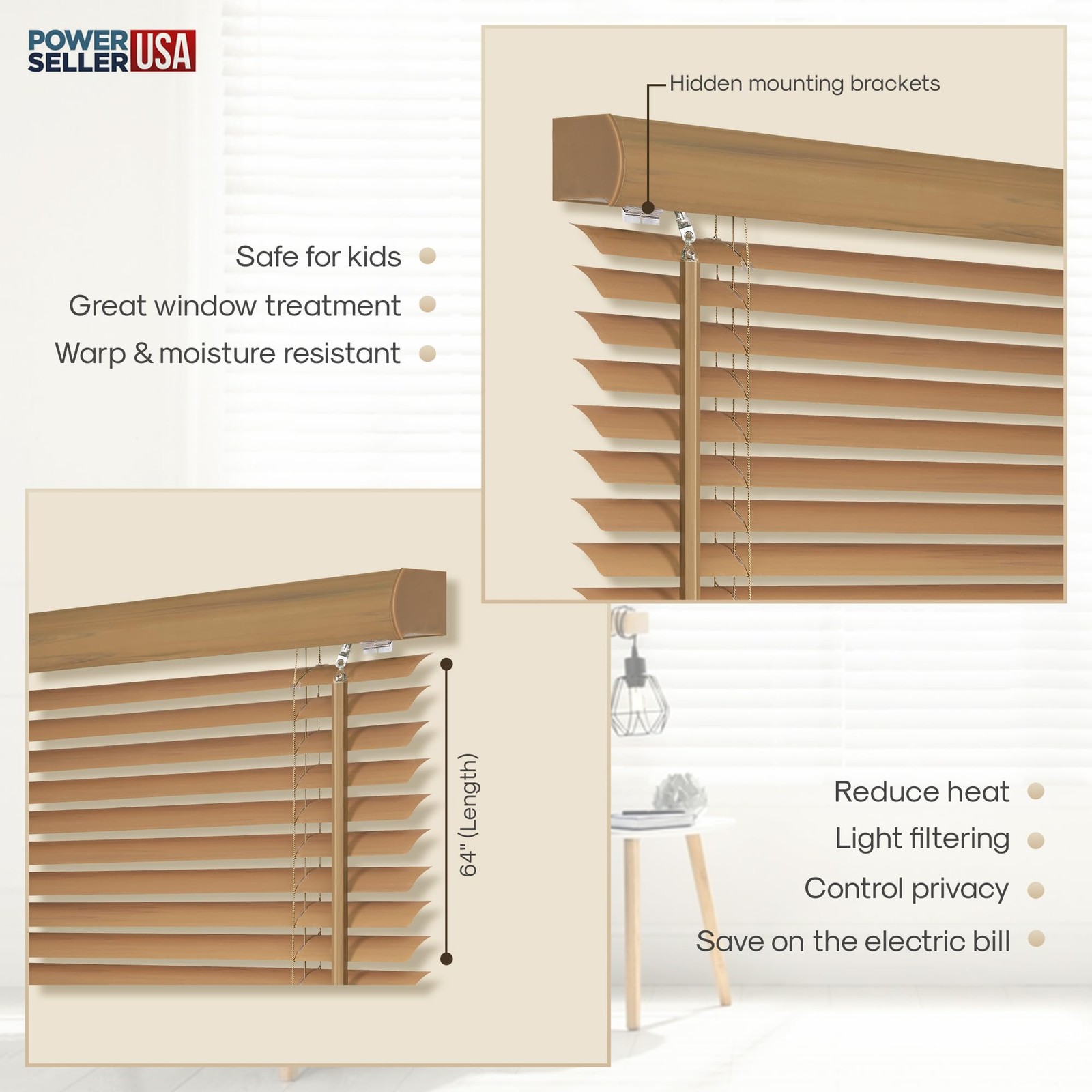 PowerSellerUSA 1″ Slats Cordless Window Blinds, 64L x 35″W x 64″H, Woodtone
