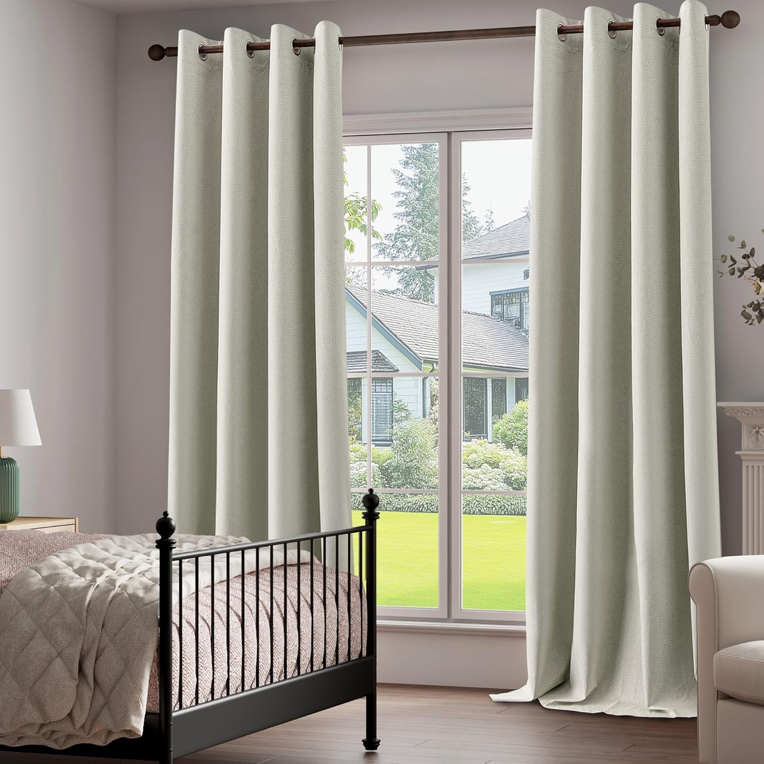 100% Blackout Linen Textured Curtains 84 Inch Length 2 Panels Set for Living Roo