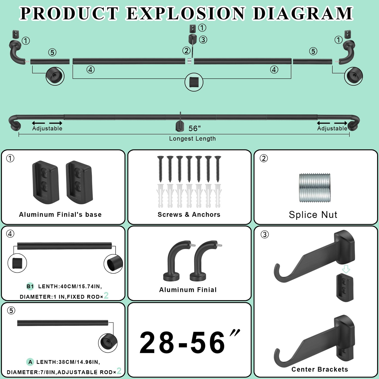 Black Curtain Rod for Windows 28 to 56 Inch, Internal Splicing 1 Inch Diamete…