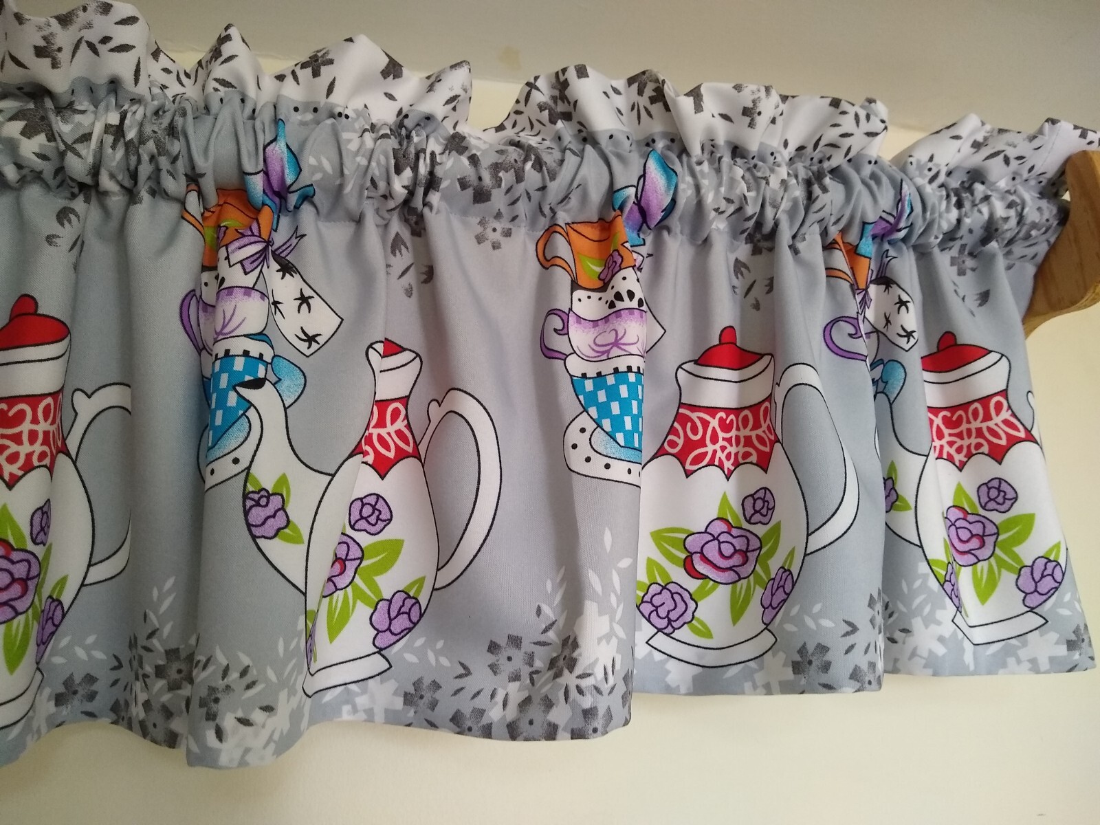 Teapot Kitchen Valance 12″ & 14″ Teacup Prints Teatime Lined Kitchen Valance