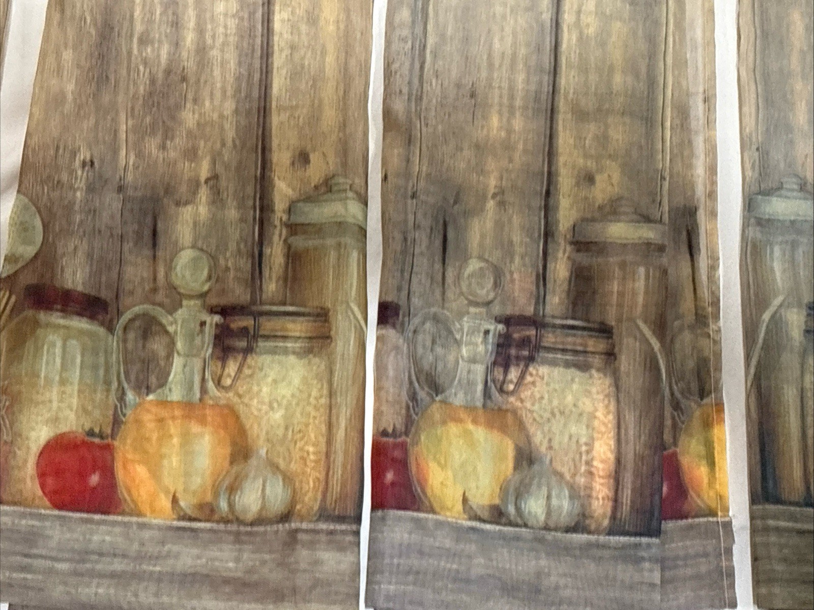 New! SHEER Kitchen VALANCE 120” Wide Cans Jars Olive Oil Garlic Tomatoes Cute!