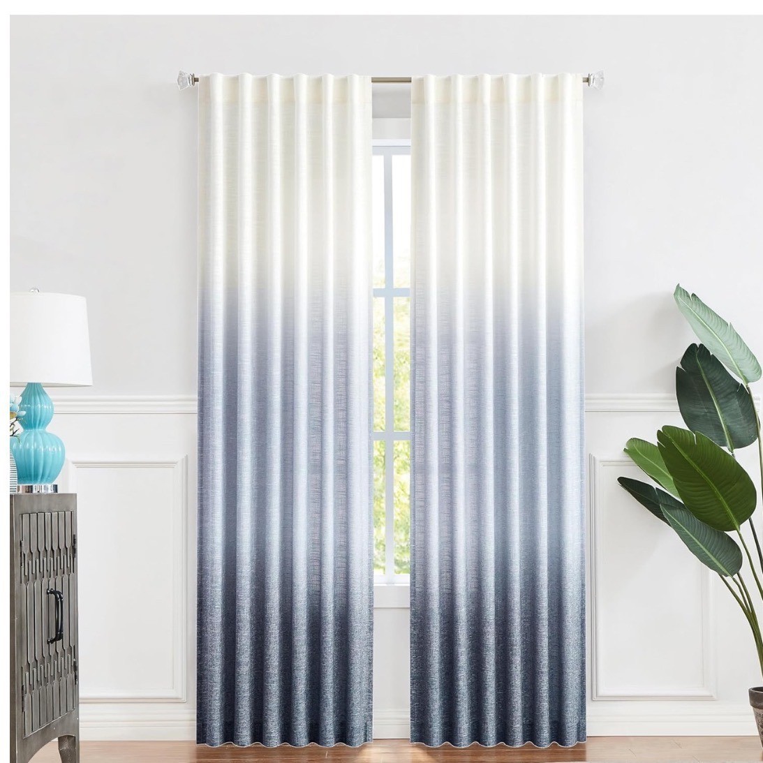 Ombre Gradient Blue White Textured Curtains 108 inch Length Room Darkening