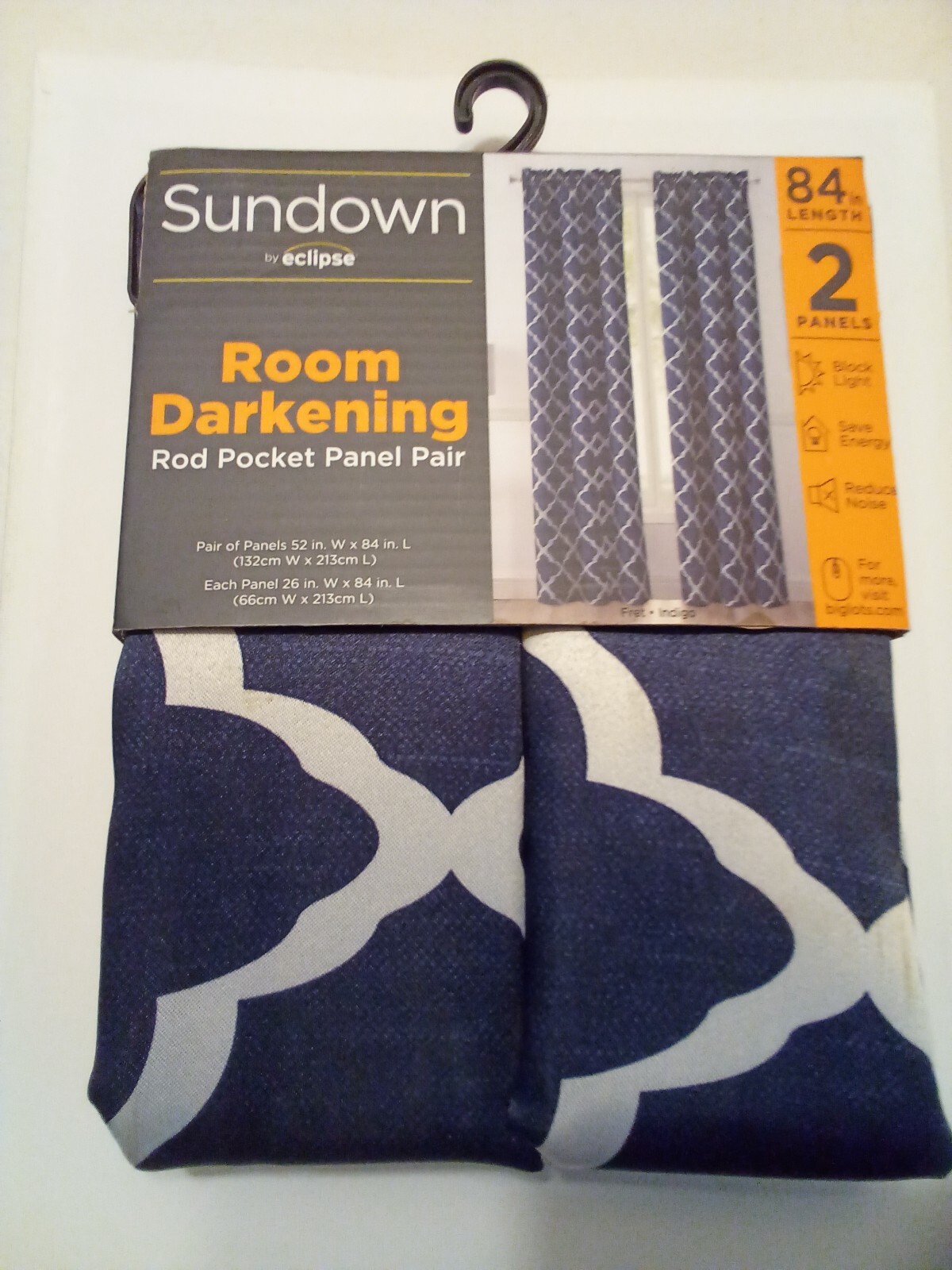 Sundown  Room Darkening Window Curtains Set of 2  26″ x 84″  Fret Indigo