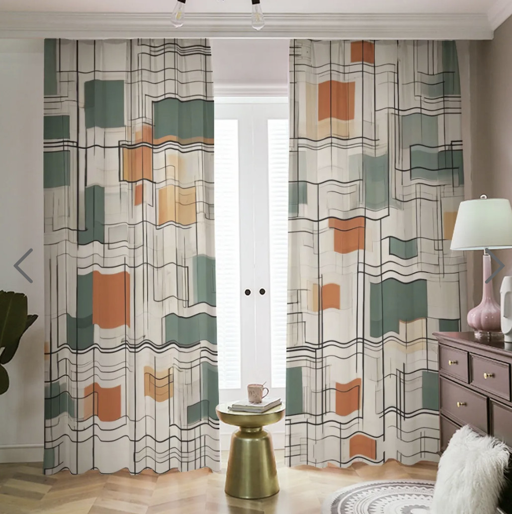 Mid Century Modernist Blackout Curtains Modern Art Shades Olive Retro Drapes