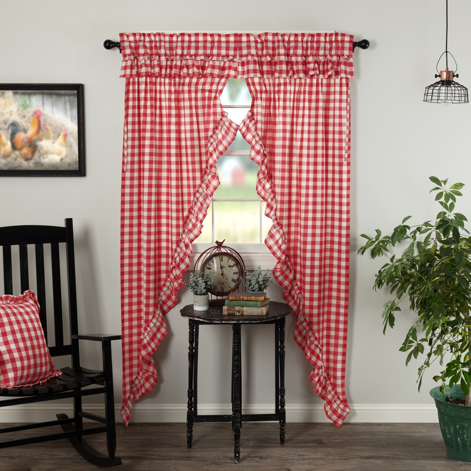 Annie Buffalo Red Check Ruffled Lined Country Gathered Long Prairie Curtains