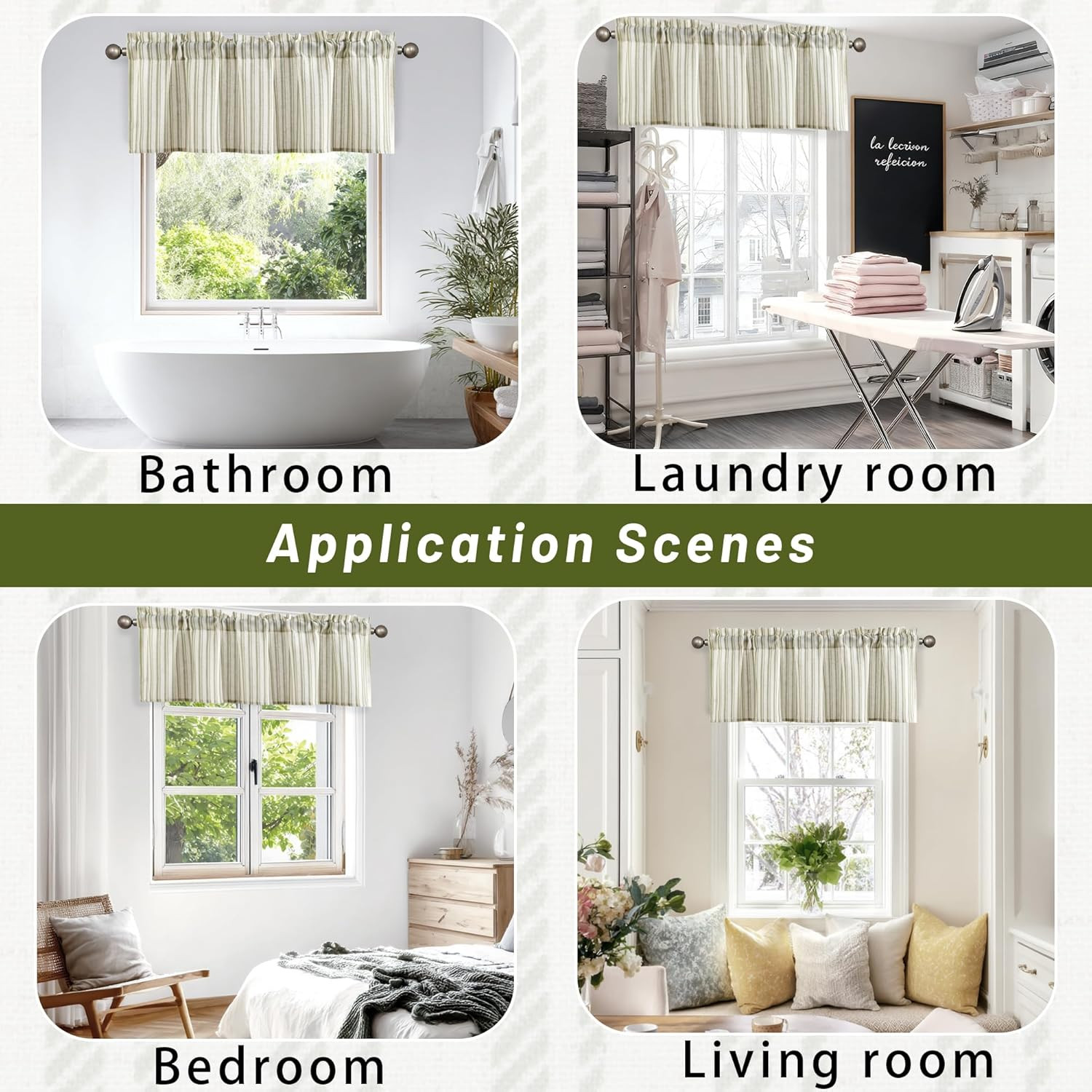 52X14 Inch Kitchen Valance – Thick Textured Linen Striped Window Valance Curtain
