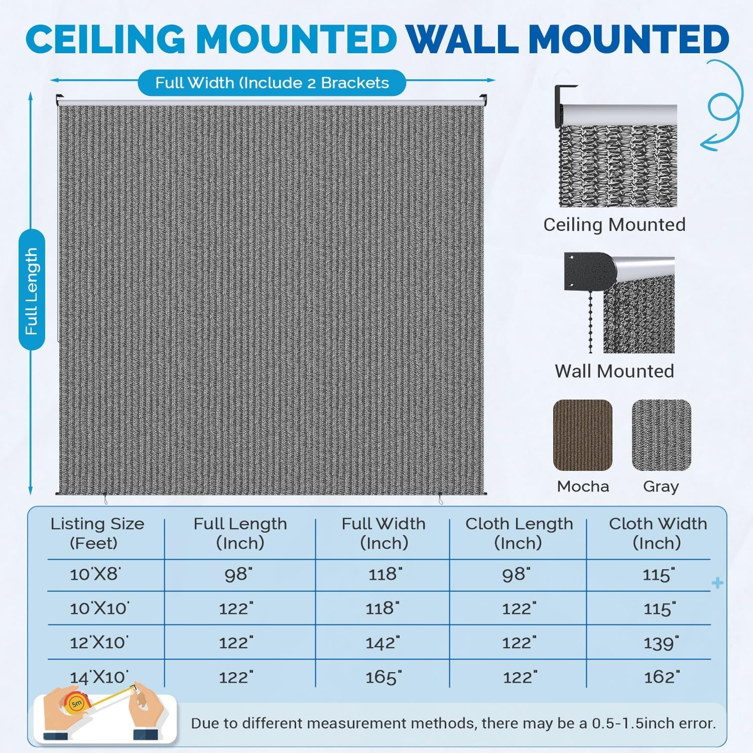 Outdoor Roller Shade, 10′(W) x 8′(H) Sun Shade Cover Canopy 220GSM HDPE with 99%