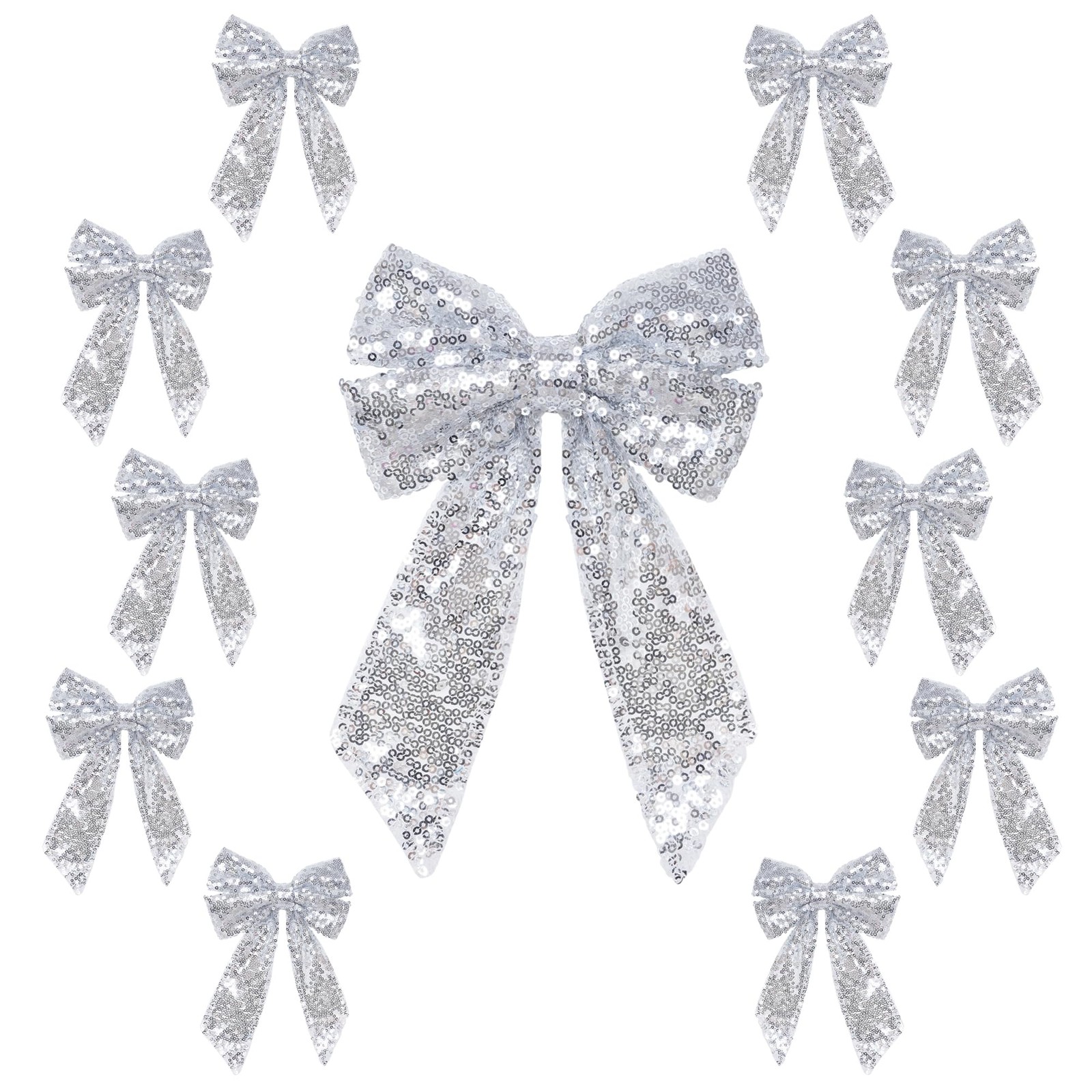Silver Sequin Christmas Tree Bow Decor 6×8 Inch Ribbon Tie Backdrop 10 PCS