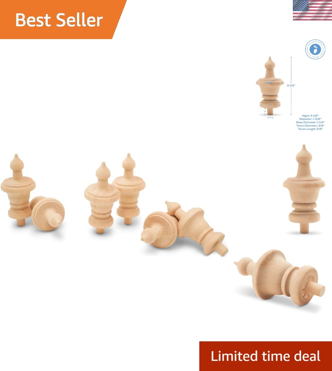 Large 3-1/2 Inch Unfinished Wood Finials – Pack of 6 for DIY Projects