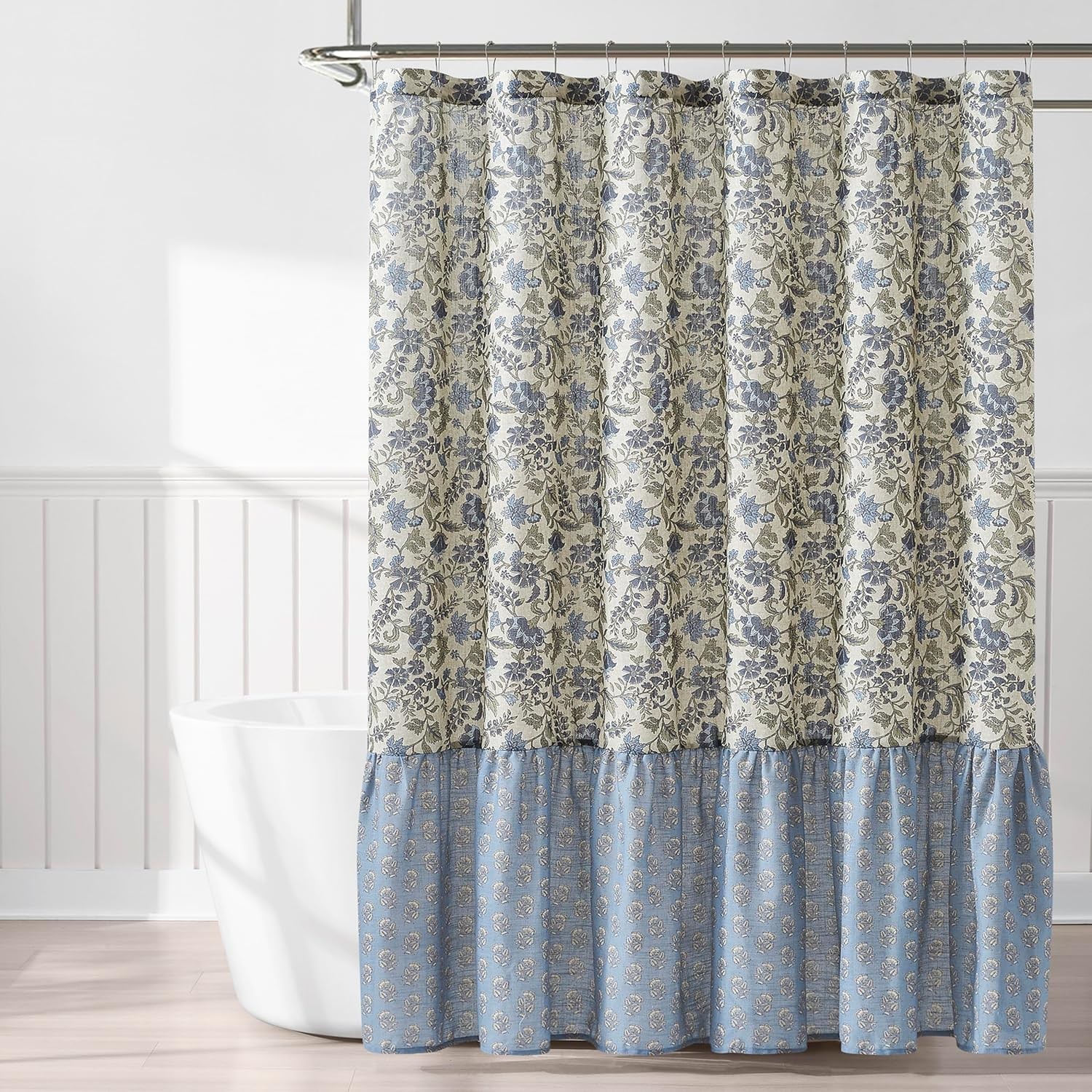 Lillian Block Print Linen Textured Shower Curtain Single 72″ W x 72″ L Blue &