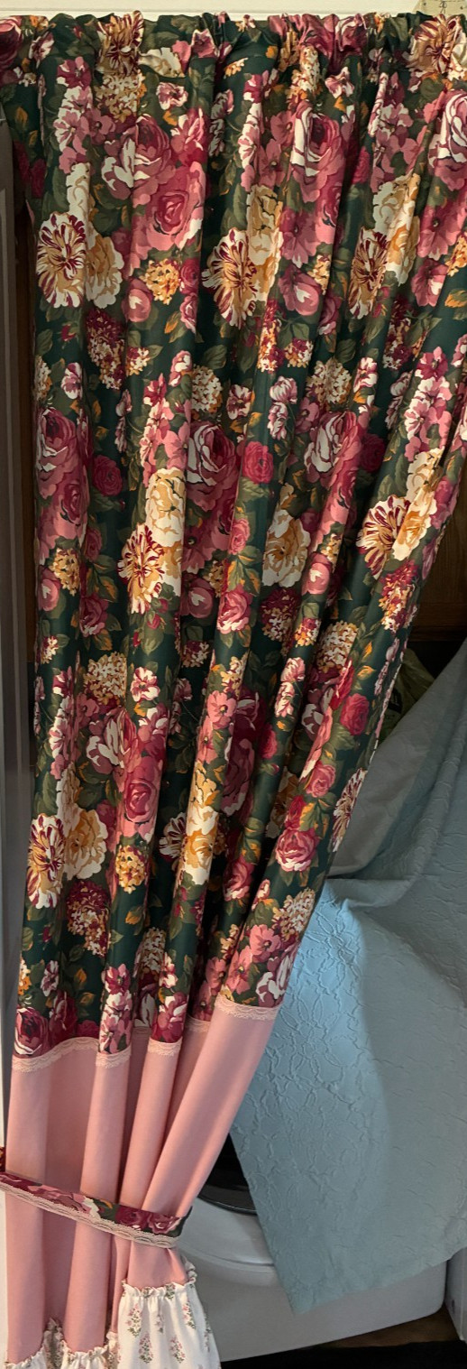 4 handmade curtain panels green pink floral layered 43 W x 83 L