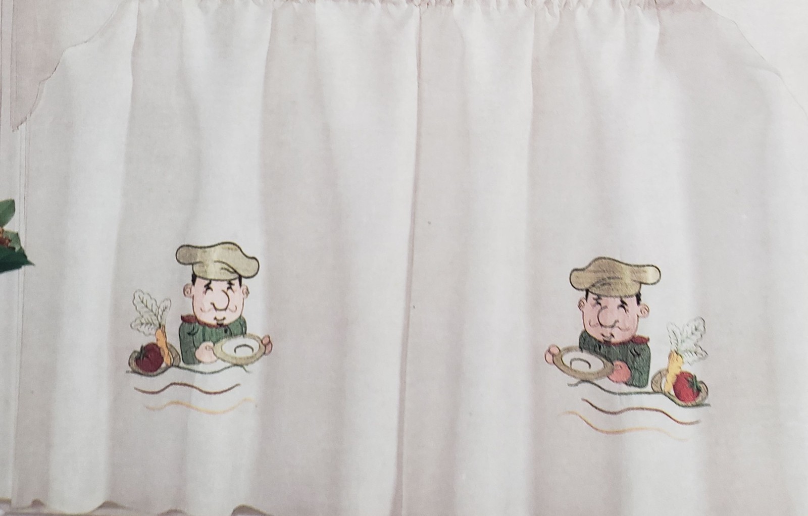 3 pc. Embroidery Curtains Set: 2 Tiers & Swag, FAT CHEF W/ SOUP PLATE, Mys