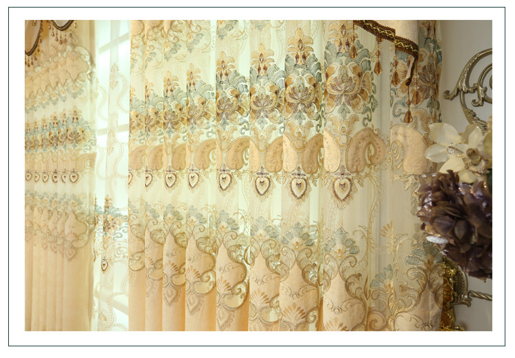 Custom Chenille embroidered beige cloth curtain tulle valance drape C1297