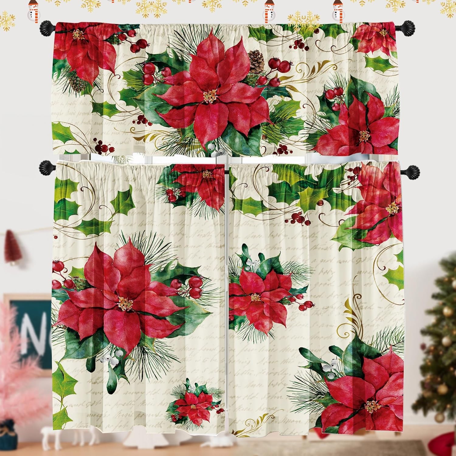 Christmas Poinsettia Curtain Valances 3 Piece Set Upper Curtain 52” Lx18”