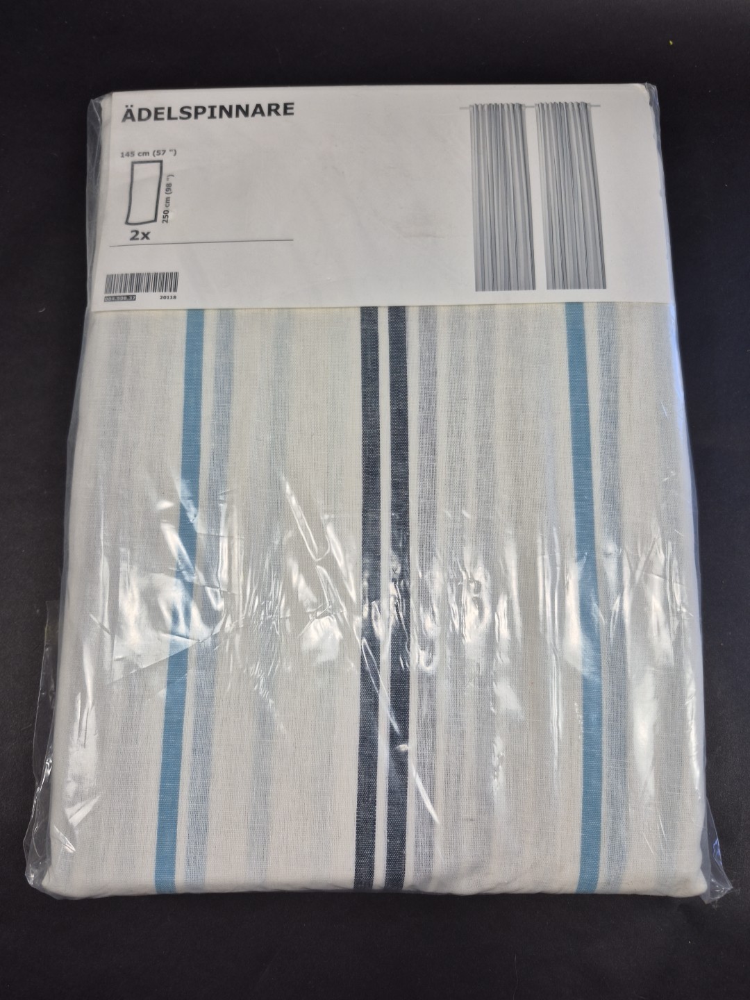 NEW Pair Of IKEA Adelspinnare Curtains White Blue Stripe Panel Drop 57” x 98”