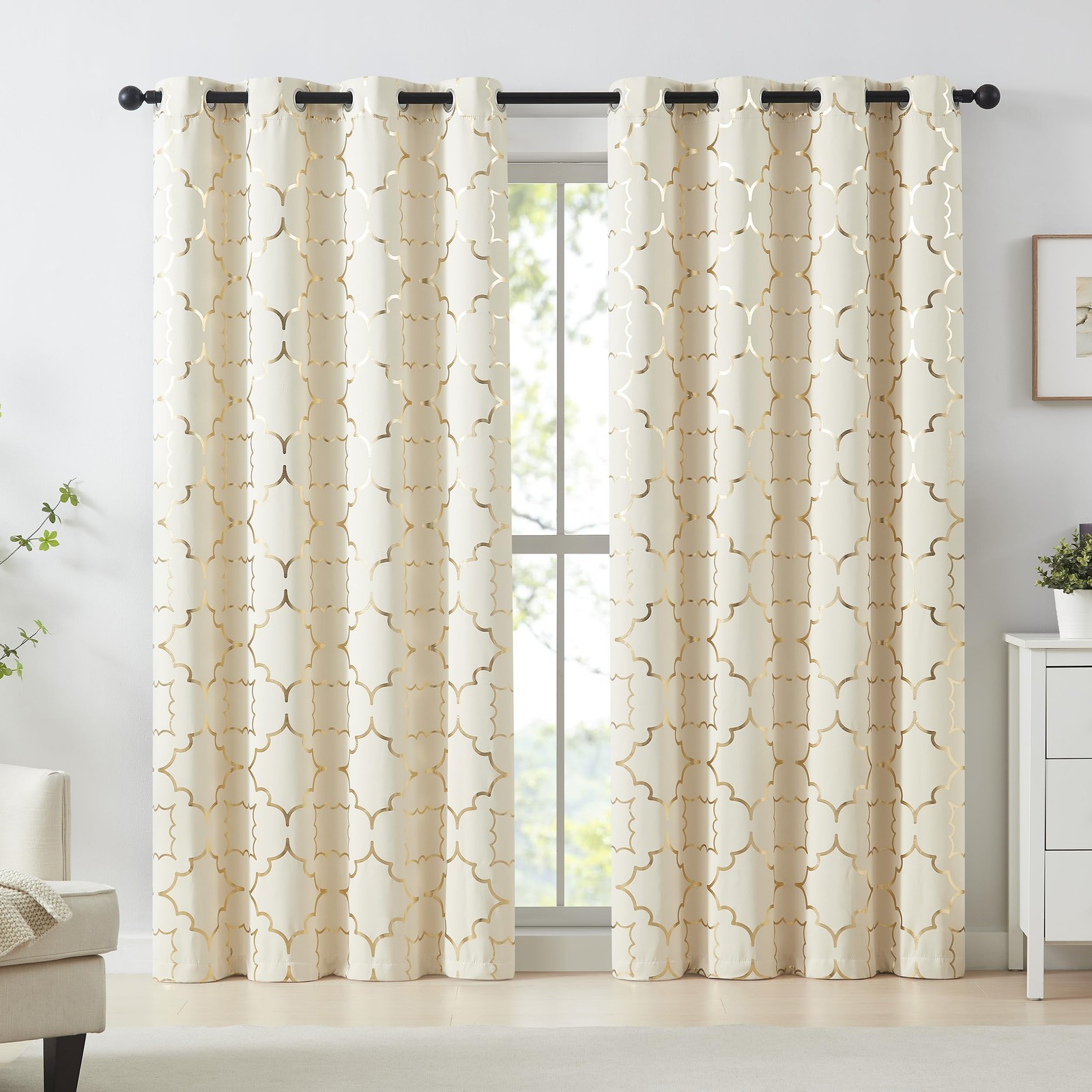 Beige Blackout Curtain Panels for Bedroom 84″ Gold Foil Moroccan Metallic Pri…