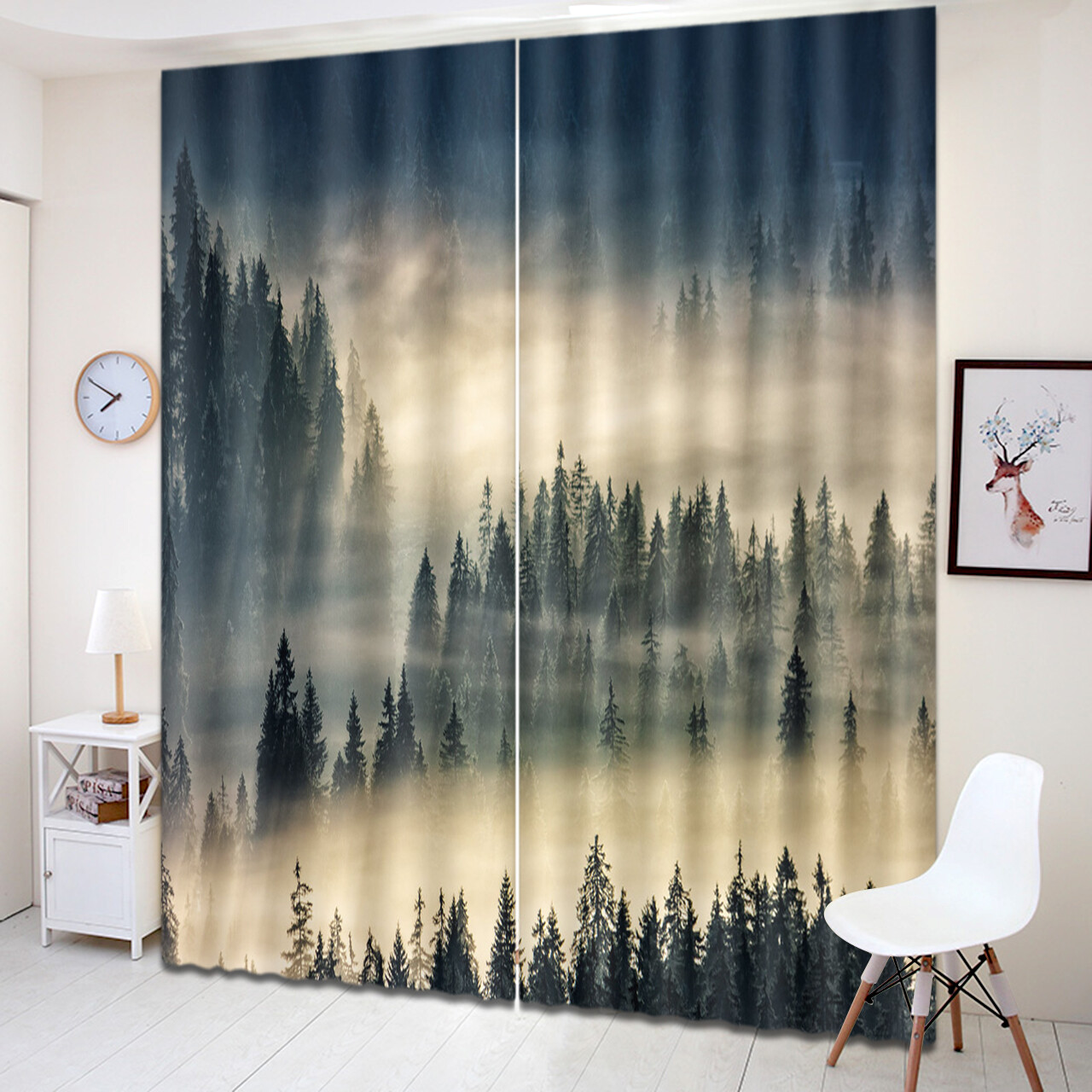 Nature Forest Foggy Pine Trees 3D Window Curtains Blockout Drapes Fabric 2 Panel