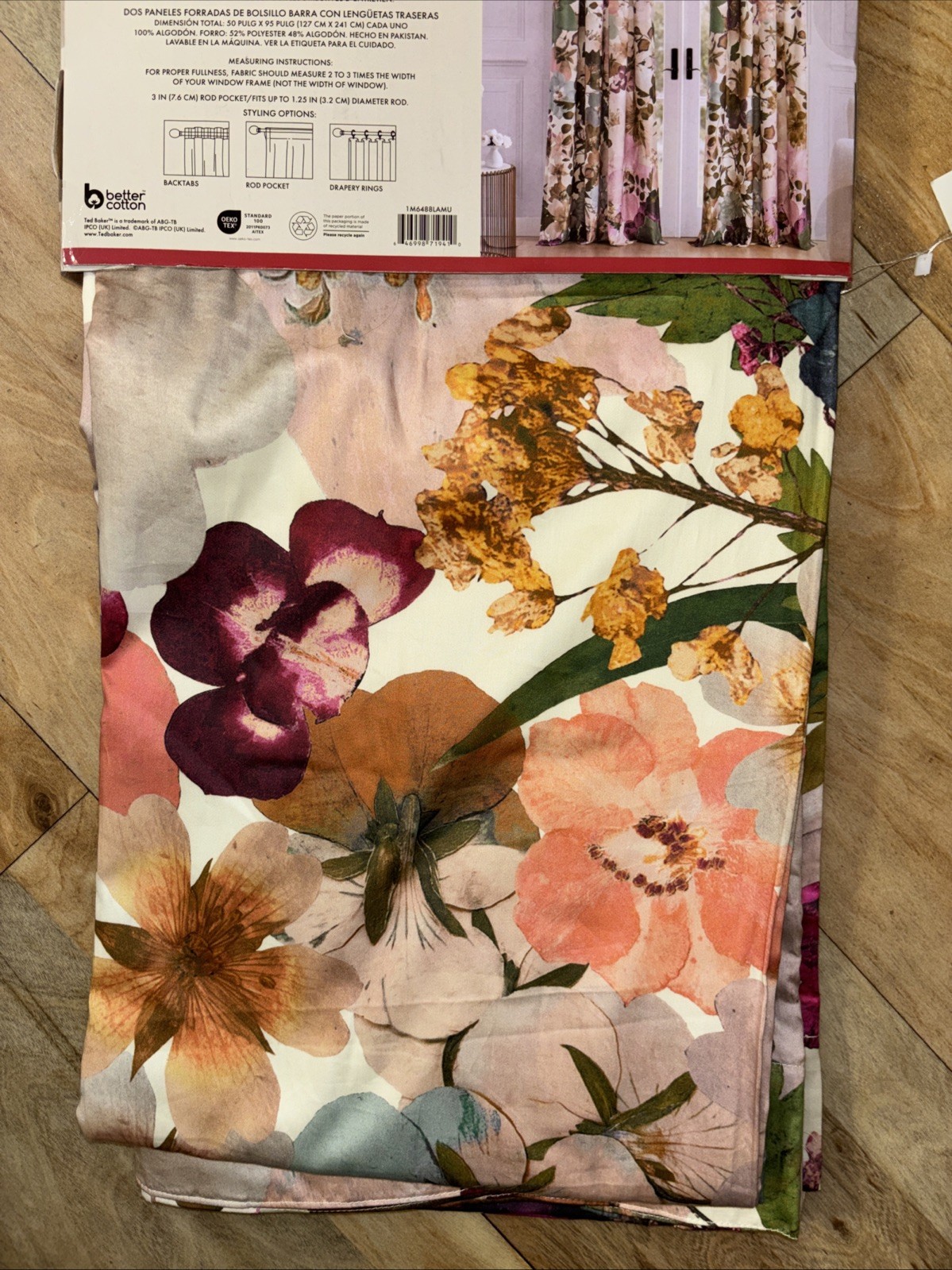 TED BAKER 2 PC PINK FLOWER FLORAL MOD LINED PANEL Window Curtain 50” X 95”