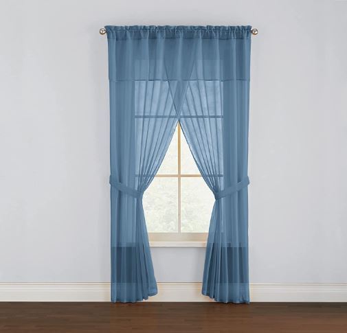 Brylane Home Sheer Voile 5 Piece One-Rod Curtain Valance Set 60 x 84 Smoke Blue