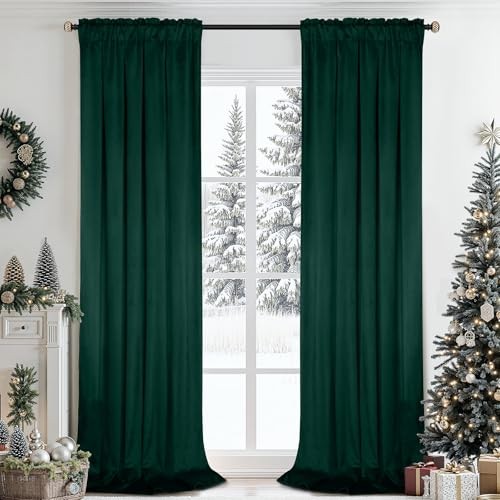 Velvet Curtains 96 Inches for Living 40″W x 96″L (Pack of 2) Dark Green