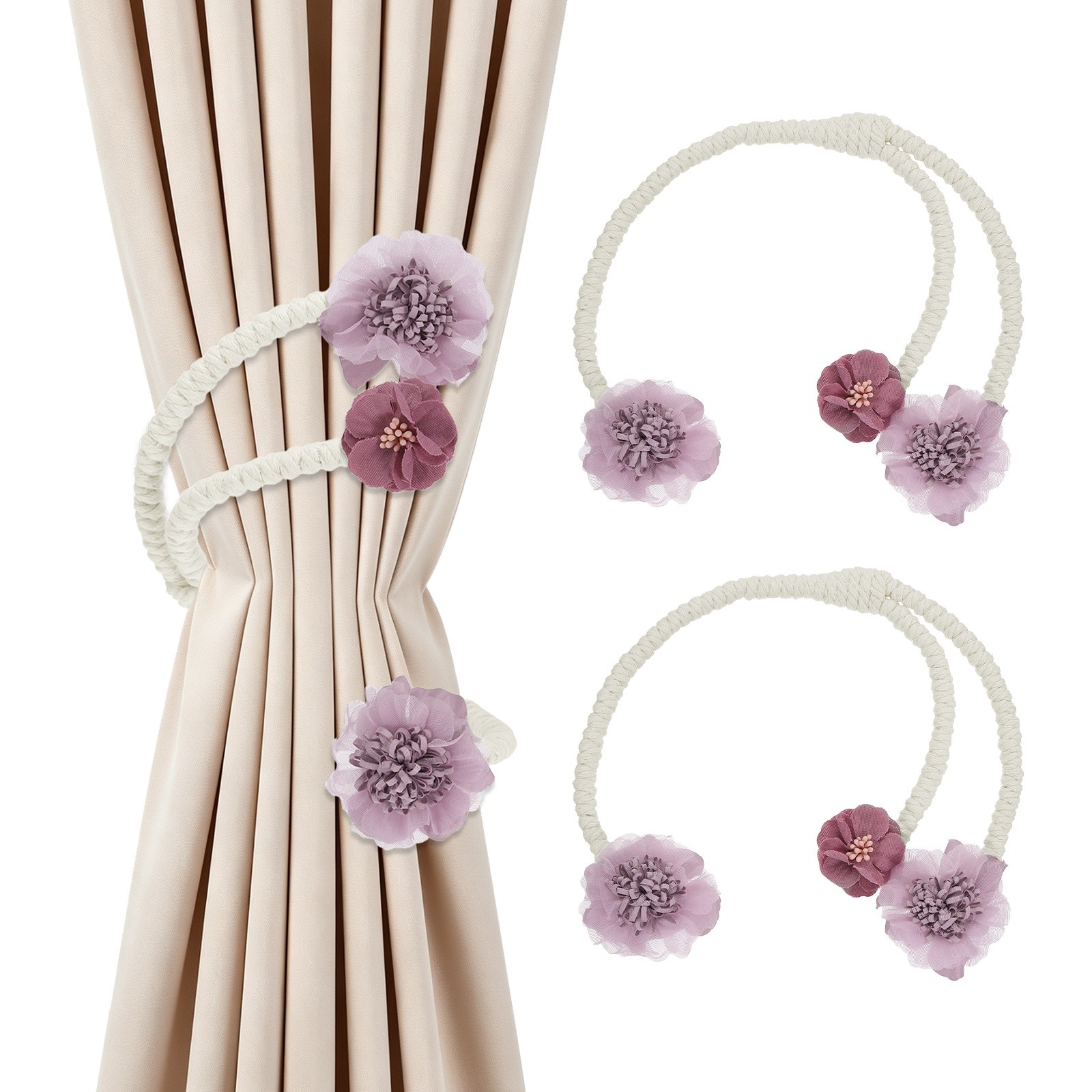 2Pcs Flower Curtain Tiebacks, 3 Flower 45cm Twist Holdbacks Clip, Purple